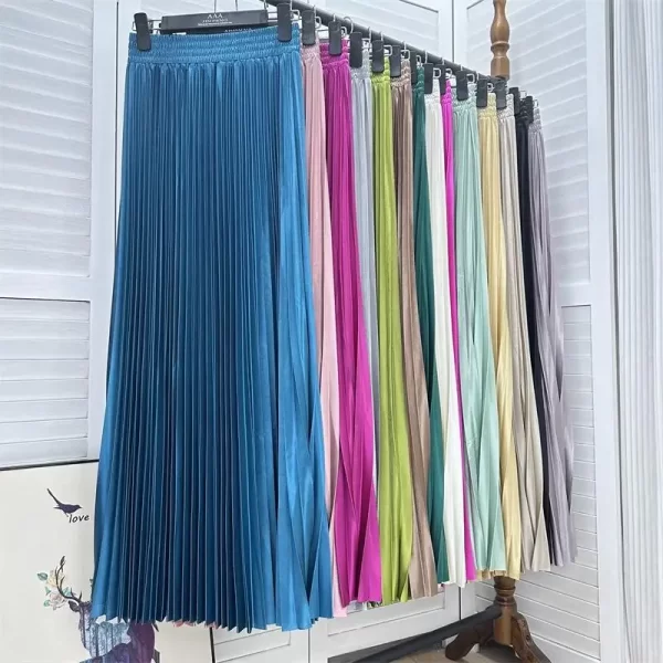 2023 97cm Basics Maxi Pleated Skirt for Women New Korean Casual All-match Solid A Line High Waist Long Maxi Skirt Female - Image 2