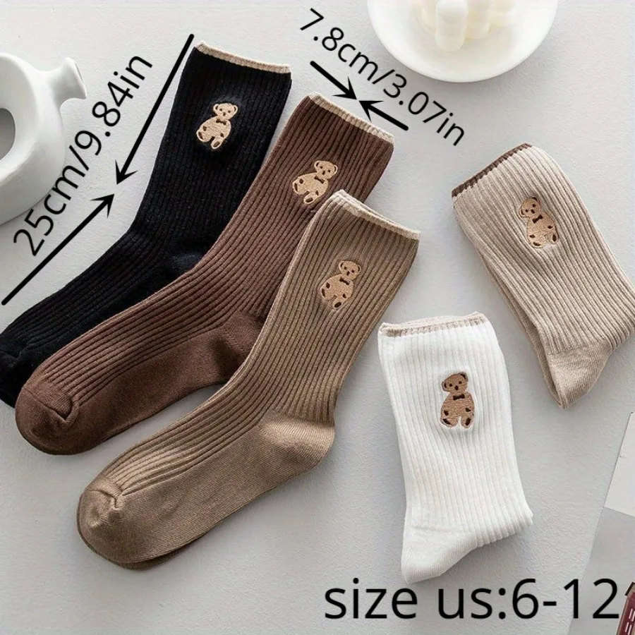 5 Pairs of Mixed Color Teddy Bear Mid Tube Socks with Cute Cartoon Pattern Design, Suitable for Casual Wear in All Seasons - Image 3