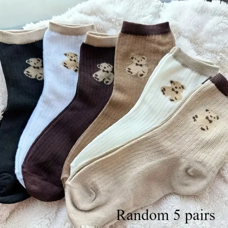 5 Pairs of Mixed Color Teddy Bear Mid Tube Socks with Cute Cartoon Pattern Design, Suitable for Casual Wear in All Seasons - Image 7