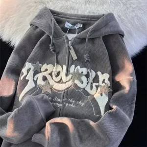 Autumn Long Sleeve Hooded Tops Fashion Zipper Embroidery Y2K Harajuku Streetwear Hoodies Jackrts Women Loose New Sweatshirts