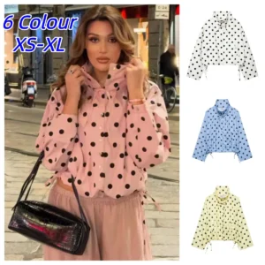 Woman Long Sleeve Pink Polka Dot Jacket Fashion Single Breasted High Collar Short Coat Women Spring Casual High Street Jacket