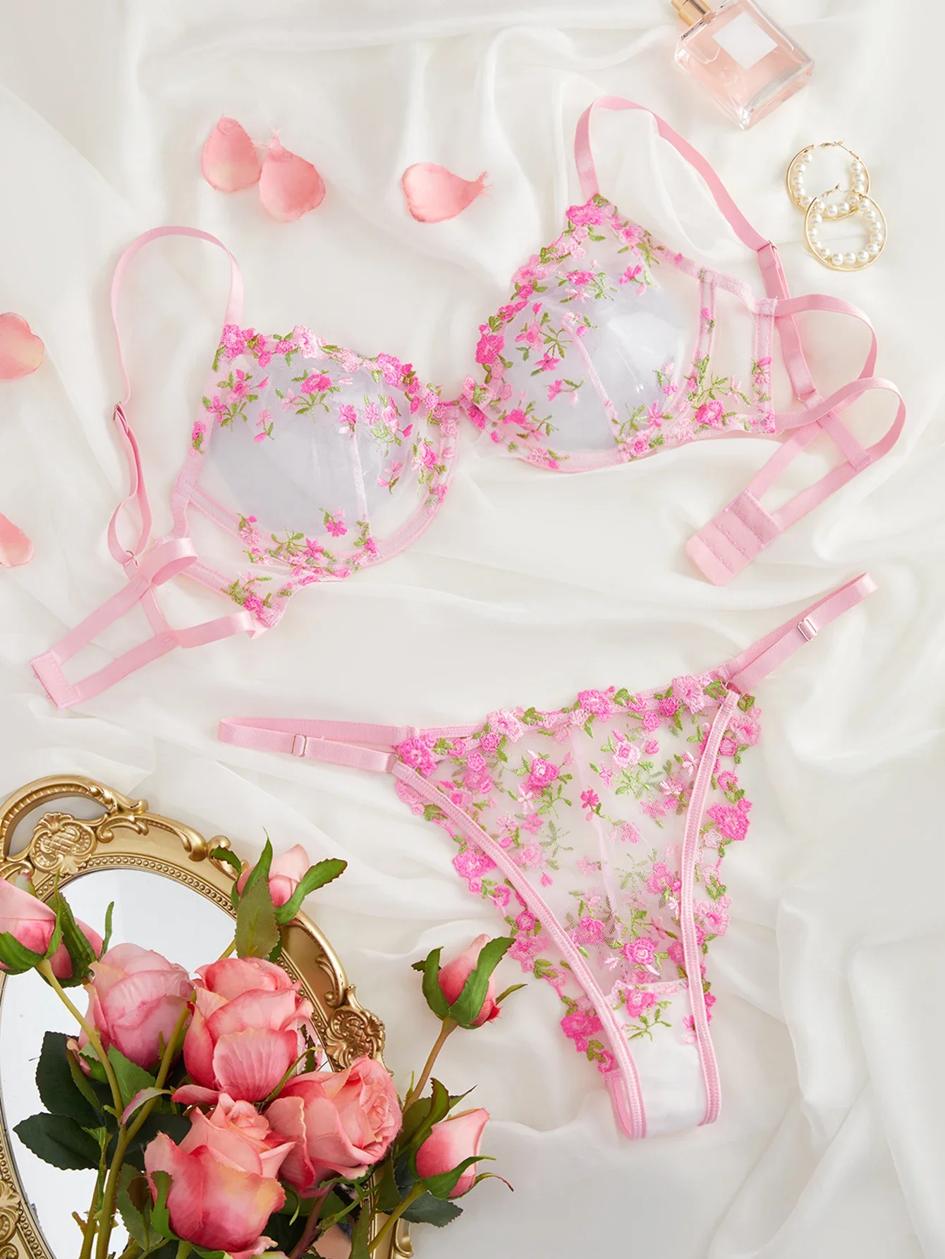 2-Piece Lace Bra Set Women Floral Embroidery Underwear Set Transparent Pink Panty Set 2023 Lingerie Set for Women - Image 7