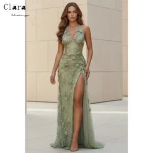 Clara Custom Green 3D Flowers Side Slit Fishtail Women's Ball Gown Dresses for Luxury Party Party Long Dress 2026 Woman Evening