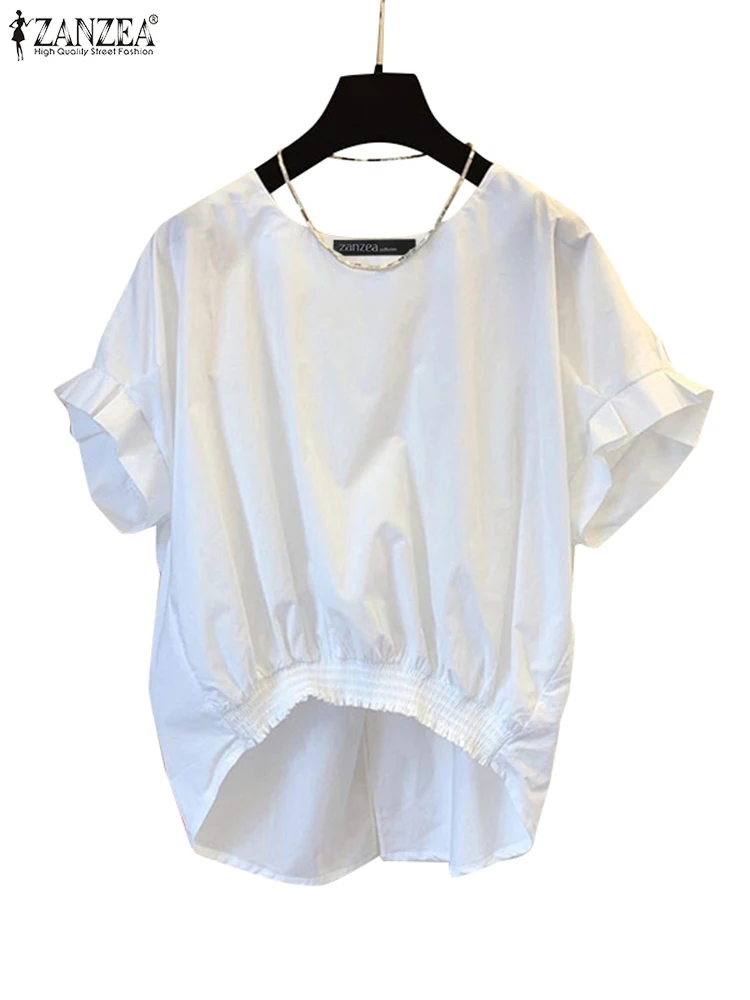 ZANZEA Women Fashion Shirring Hem Blouses 2025 Summer O Neck Short Sleeve Casual Blusas Mujer Stylish Slit Back Solid Shirt Tops - Image 5