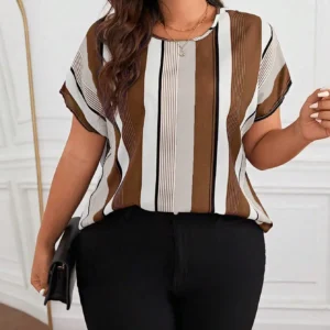 Plus Size Striped Batwing Sleeve Blouse for Women, Summer Casual Top
