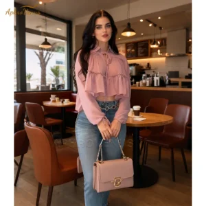 Women's Flowy Chiffon Shirt Long Sleeve Ruffle Detail Loose Fit Blouse Casual Everyday Tops for Women Spring Autumn