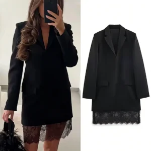 2026 New Women Black Lace-trim Blazer Dress Fashion Notched Long Sleeve Pullover Chic Dress Elegant Office Lady Pockets Dress
