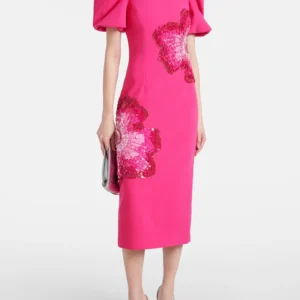 HIGH STREET Newest 2026 Designer Fashion Women's Beaded Sequin Three-Dimensional Flower Short Sleeved Midi Dress