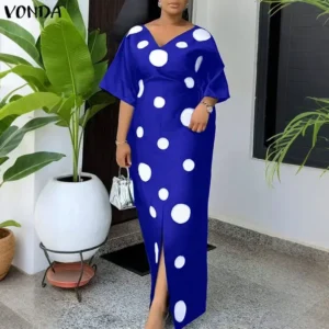 VONDA Plus Size 5XL Women Dress Bohemian Dot Printed Sundress 2026 Fashion Half Sleeve Robe Casual Loose Long Party Vestidos