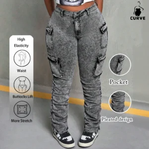 Women's High-Waisted Vintage Gray Cargo Denim Jeans - Side Utility Pockets, Ideal for Outdoor & Shopping Days