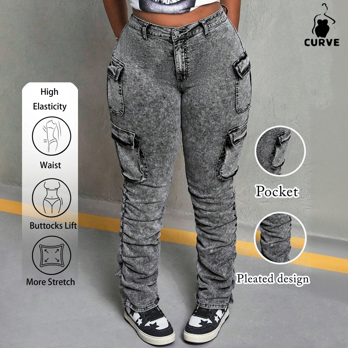 Women's High-Waisted Vintage Gray Cargo Denim Jeans - Side Utility Pockets, Ideal for Outdoor & Shopping Days