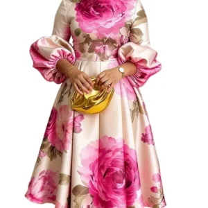 Stylish Women's Flower Printed Stand Collar Elegant Evening Maxi Dresses 2026 New Puff Sleeves Loose Pleated Party A-Line Dress