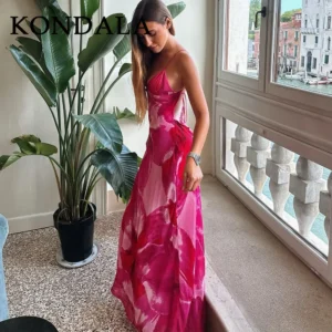 KONDALA 2026 Spring Summer Chiffon Boho Women Cami Dresses Fashion Strapless Sleeveless Print Zipper Chic Ladies Cami Dresses