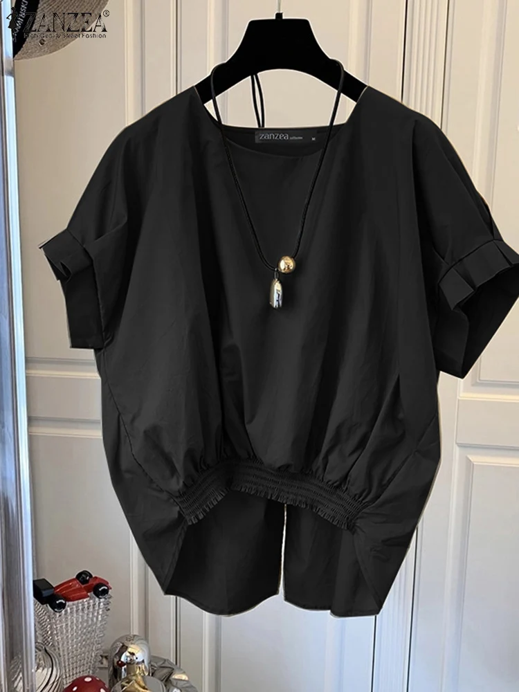 ZANZEA Women Fashion Shirring Hem Blouses 2025 Summer O Neck Short Sleeve Casual Blusas Mujer Stylish Slit Back Solid Shirt Tops - Image 3