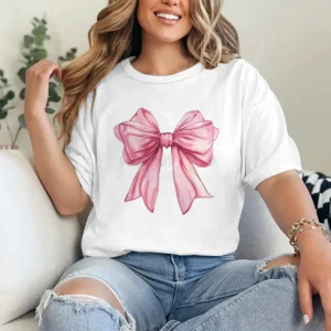Woman T-shirts Pink Bow Harajuku Y2K Graphic Tee Fashion Summer Coquette Bow Design Short Sleeve T-shirt Harajuku Y2K Casual Top