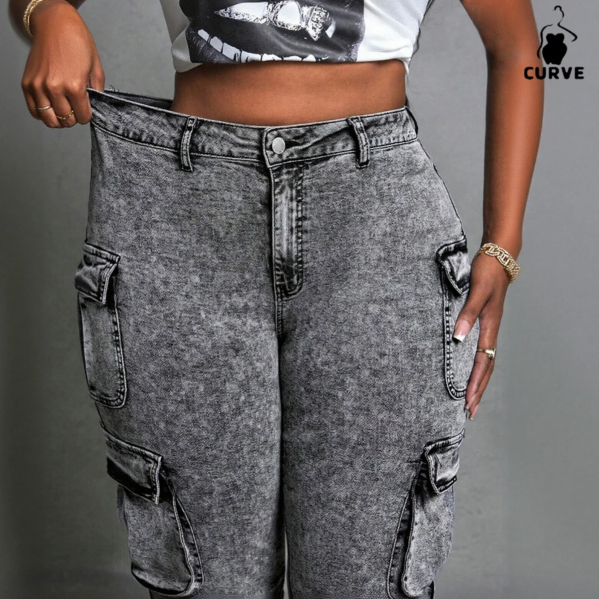 Women's High-Waisted Vintage Gray Cargo Denim Jeans - Side Utility Pockets, Ideal for Outdoor & Shopping Days - Image 4
