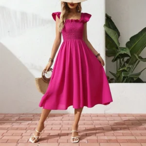 YuooMuoo Women Elegant Flare Sleeve Vacation Summer Dress 2026 New Fashion Y2K Elastic Waist Midi Dress High Street Clothes