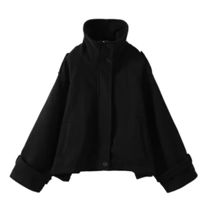 Casual Women Stand Collar Woolen Jacket Fashion Single Breasted Full Sleeves Short Coat Chic 2026 New Lady Daily Street Outwears