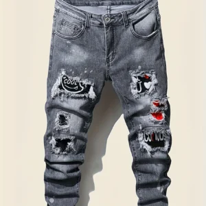 Men's slim fit ripped long denim pants, tight jeans with pockets, side straps, and zippers, men's jogging pants, ripped stretch