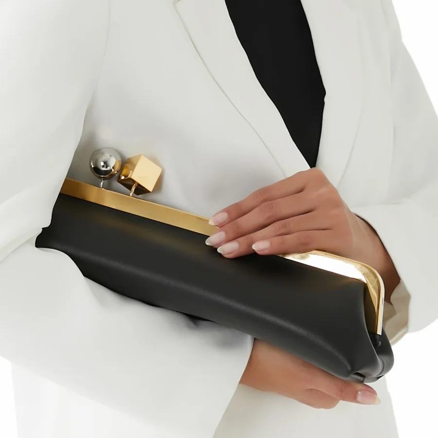 women kisslock frame bag design black clasp pouch clutch purse evening dinner party bag 2026 new microfibe leather shoulder bag - Image 4