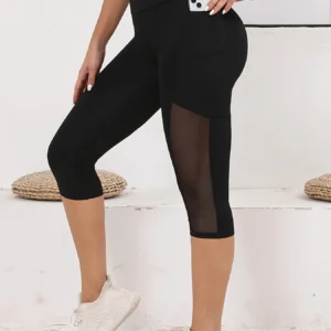 Women's Mesh Splicing With Pockets High Waist Yoga Pants Capri Tummy Tuck Exercise Leggings
