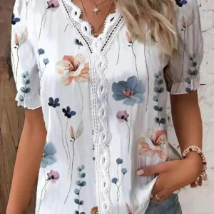 Temperament Shirt Women Casual V-neck Elegant Women Shirt Short Sleeves Loose Blouse Top Weekend