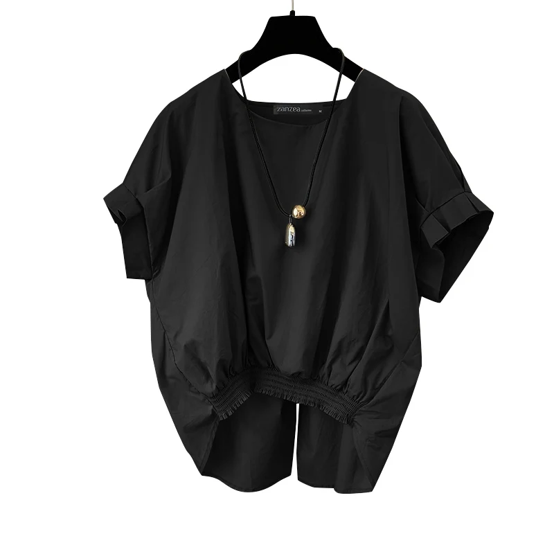 ZANZEA Women Fashion Shirring Hem Blouses 2025 Summer O Neck Short Sleeve Casual Blusas Mujer Stylish Slit Back Solid Shirt Tops - Image 11