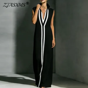 New 2026 Spring Summer Sleeveless Vacation Beach Dress Woman Sexy V Neck Loose Straight Dress Elegant Stripe Print Party Dresses