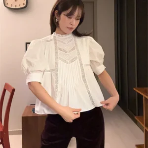 Women White Lace Patchwork Shirts Casual Round Neck Puff Short Sleeved Hollow Out Blouses 2026 Spring Lady Daily Commuting Tops