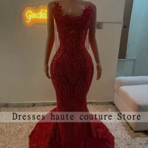 Red Beading Sequin Crystal Diamond Prom Dress 2026 For Black Girl Birthday Party Dress Tassel Mermiad Formal Dress Customized