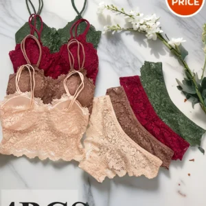 4pcs Women'S Sexy Lace Bra & Panty Set, Breathable & Comfortable, Removable Bra, Stretchy Lingerie Set