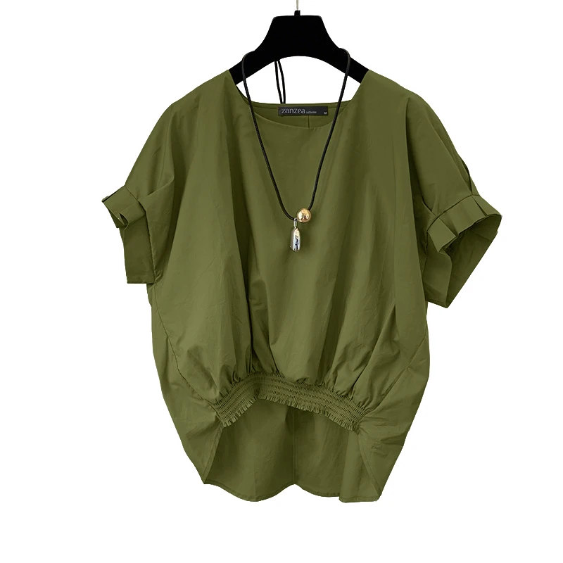 ZANZEA Women Fashion Shirring Hem Blouses 2025 Summer O Neck Short Sleeve Casual Blusas Mujer Stylish Slit Back Solid Shirt Tops - Image 10