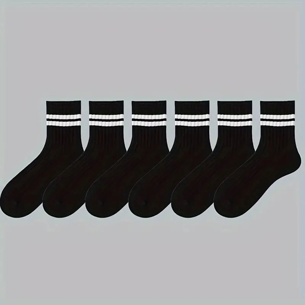 2/6 Pairs Men Medium Length Socks Simple Versatile Casual Black White Striped Breathable High-Quality Casual Round Neck Socks - Image 4