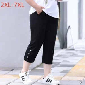 Plus Size Black White Capris Pants 6XL 7XL Summer Oversized Women Loose High Waist Elastic Straight Lady Female Cropped Trousers