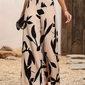 Women's Leaf Print Wide-Legged Casual Pants Loose Fit Fashionable Trousers