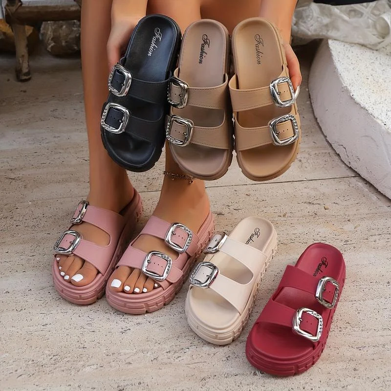 Women's Fashion Thick Sole Sandals,Adjustable Strap Flip Flops,Leather Metal Ankle Buckle Strap Summer Beach Slides