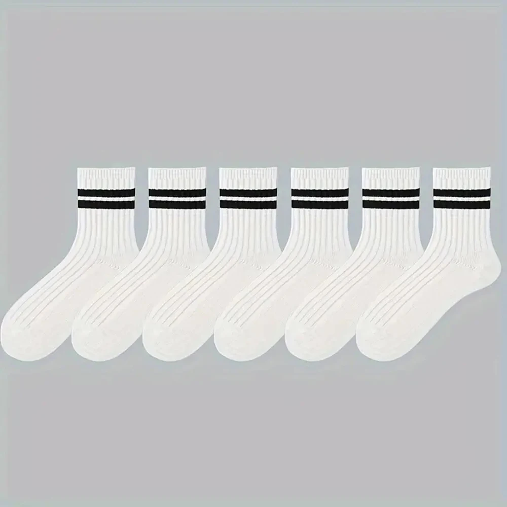 2/6 Pairs Men Medium Length Socks Simple Versatile Casual Black White Striped Breathable High-Quality Casual Round Neck Socks - Image 5