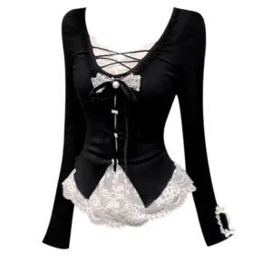 Korean Fashion Elegant Patchwork Lace Tops Slim Casual Long Sleeve Blouse 2000s American Vintage Sweet Pullover Chic