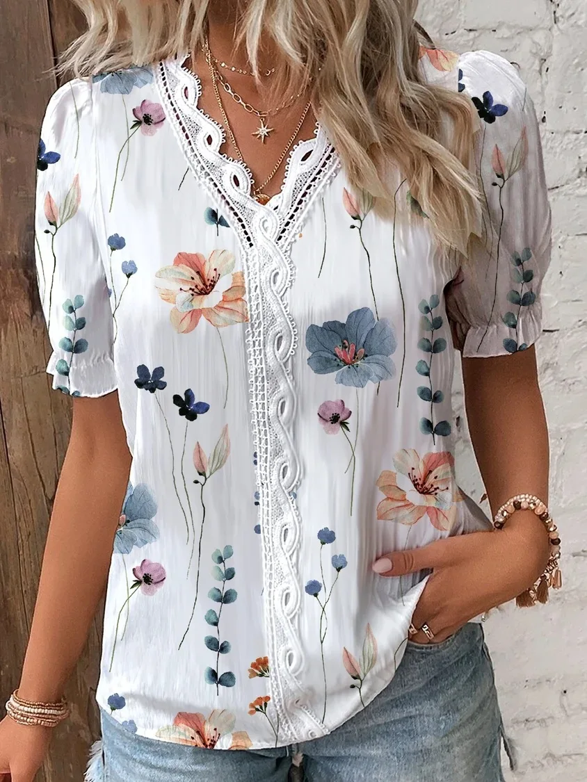 2024 Fashion Casual Vacation Shirt Women Summer V Neck Hollow Out Solid Color Blouse Female Elegant Striped Jacquard Casual Tops - Image 2