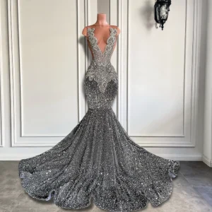 Sexy Long Sparkly Prom Dresses 2026 Sheer O-neck Luxury Silver Crystals Diamond Sequin Mermaid Black Girl Prom Party Gowns