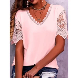 Spring Summer Women Shirts Elegant Hollow Out Lace Short Sleeve V-neck Casual Chic Oversized Blouses Solid Color Streetwear Top