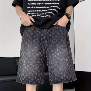 High Street Trendy Ripped Denim Shorts for Men, Plus Size, American Style, Loose Straight-Leg Washed Denim Shorts for Summer