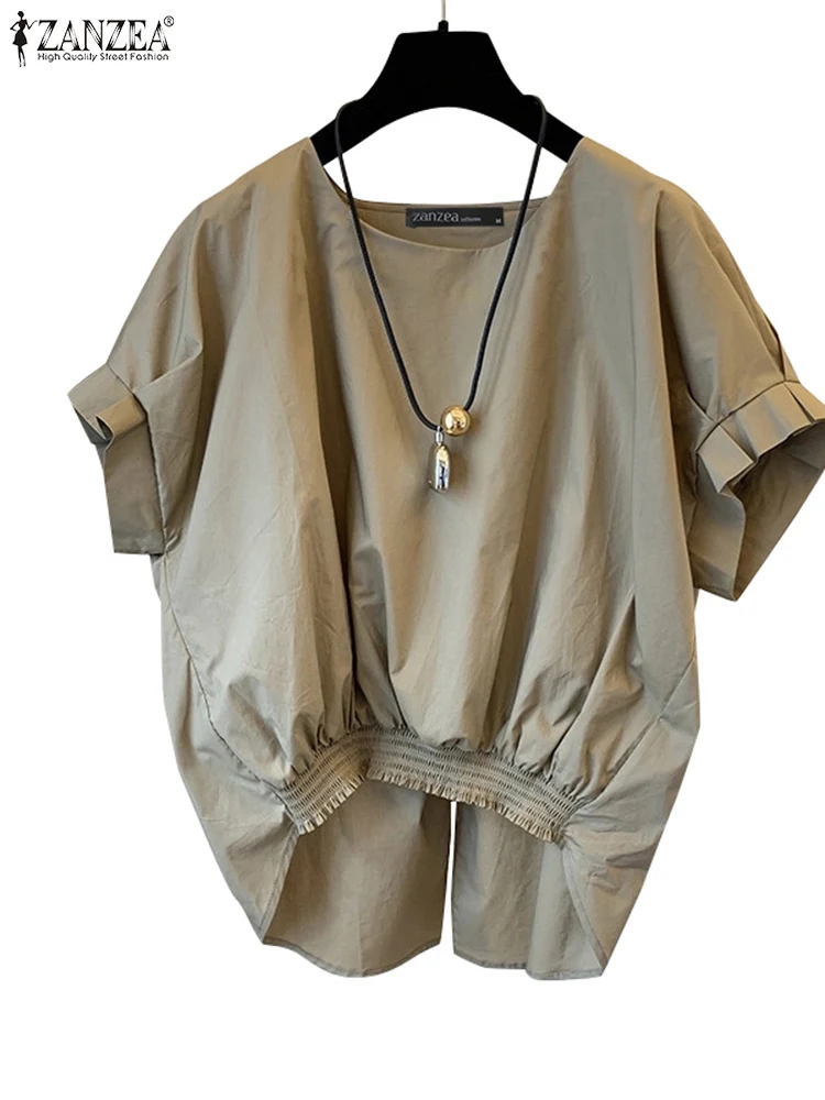 ZANZEA Women Fashion Shirring Hem Blouses 2025 Summer O Neck Short Sleeve Casual Blusas Mujer Stylish Slit Back Solid Shirt Tops - Image 4