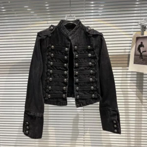 Punk Style Black Stand Up Collar Denim Jackets Vintage Washed Motor Coat For Women 2025 Autumn New Loose Long Sleeve Outerwear