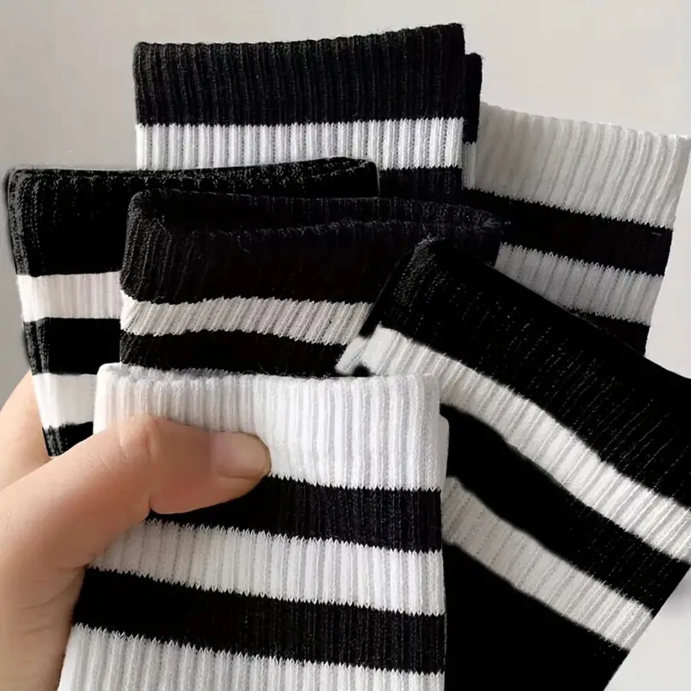 2/6 Pairs Men Medium Length Socks Simple Versatile Casual Black White Striped Breathable High-Quality Casual Round Neck Socks - Image 3