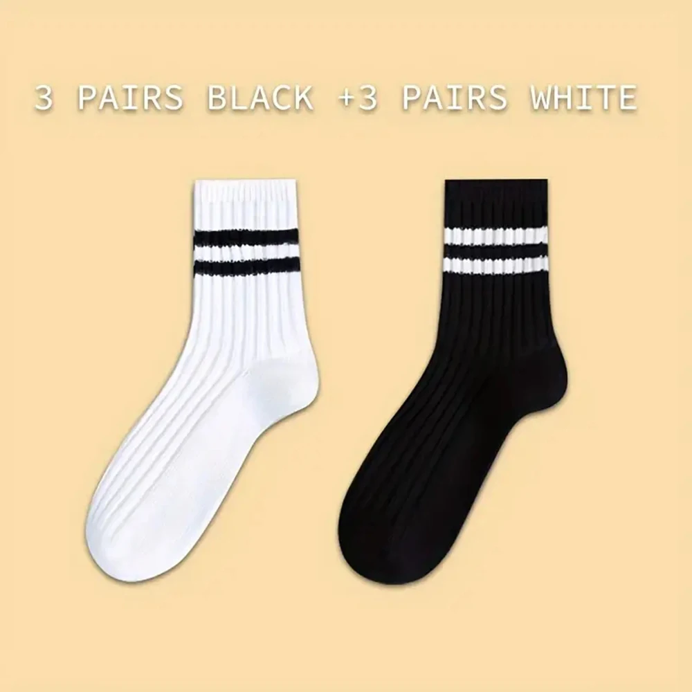 2/6 Pairs Men Medium Length Socks Simple Versatile Casual Black White Striped Breathable High-Quality Casual Round Neck Socks - Image 6
