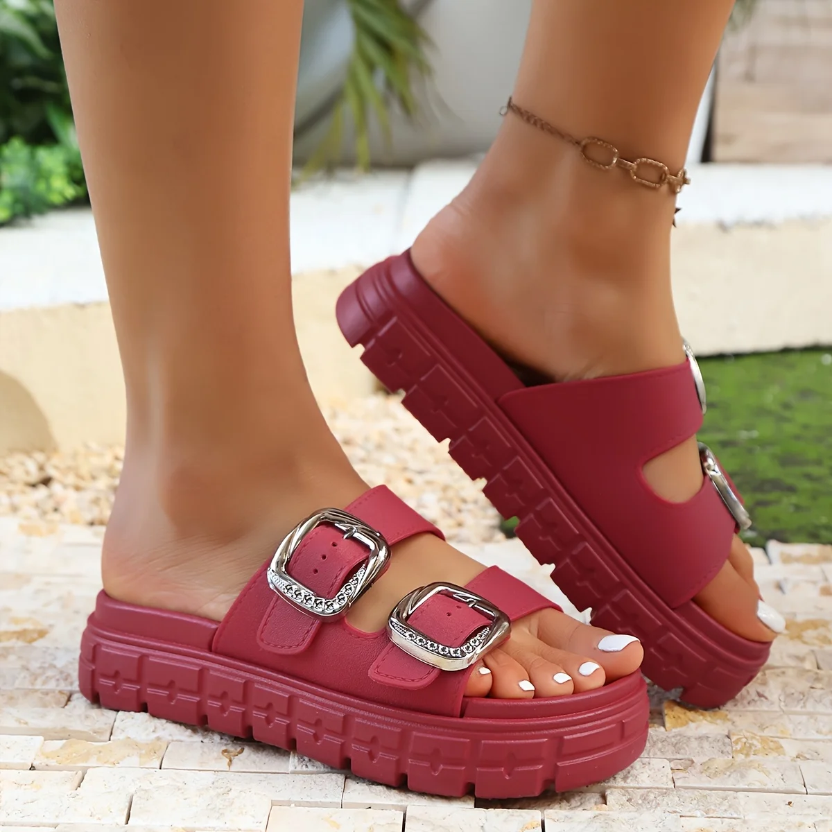 Women's Fashion Thick Sole Sandals,Adjustable Strap Flip Flops,Leather Metal Ankle Buckle Strap Summer Beach Slides - Image 9