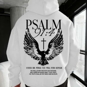Christian Bible Verse Psalm 91:4 Print Men Women Hooded Sweatshirt Autumn Winter Outdoor Vacation Casual Loose Warm Sportswear