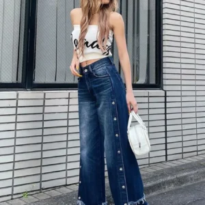 Women's casual wide-leg jeans, mid-rise, fashionable adjustable side buttons, double-layer frayed hem, ankle-length, essential f