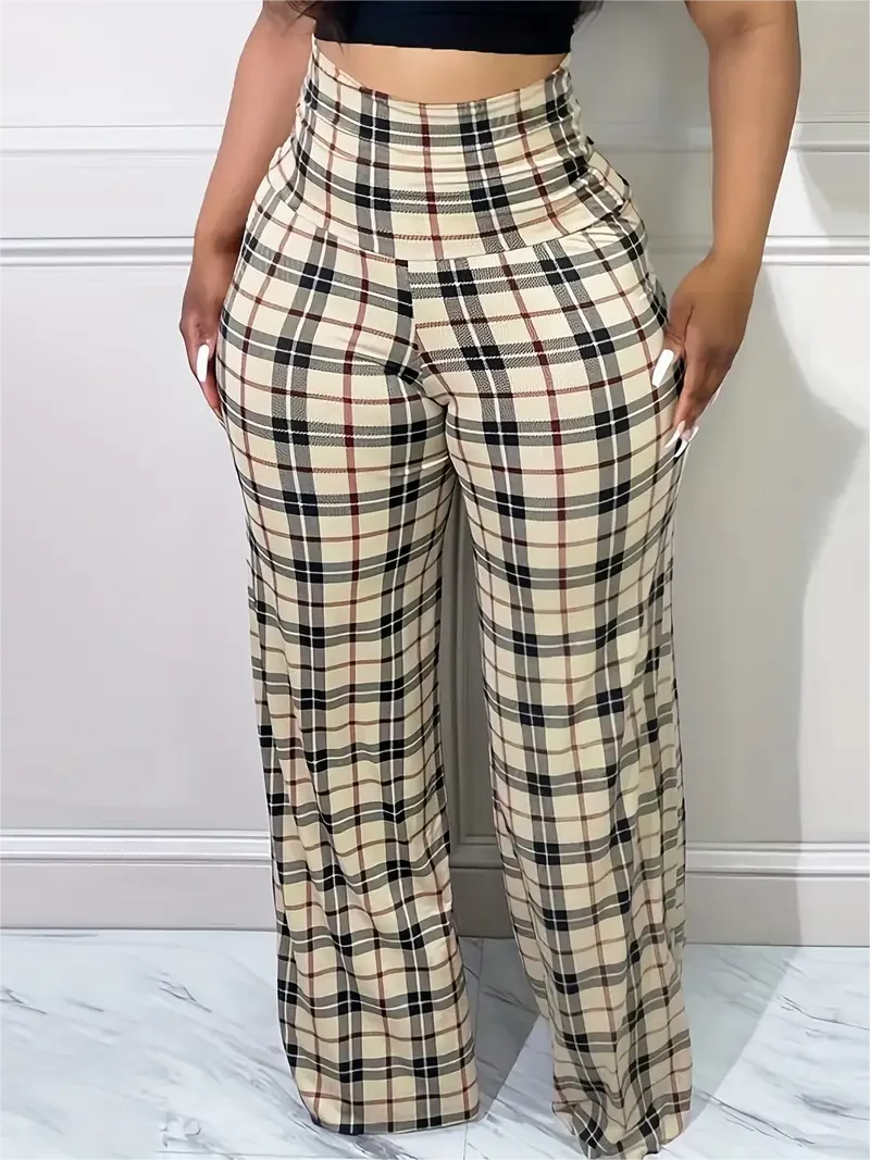 Women's Plaid Wide Leg Pants High Waist Casual Loose Trousers for Spring Summer - Image 3